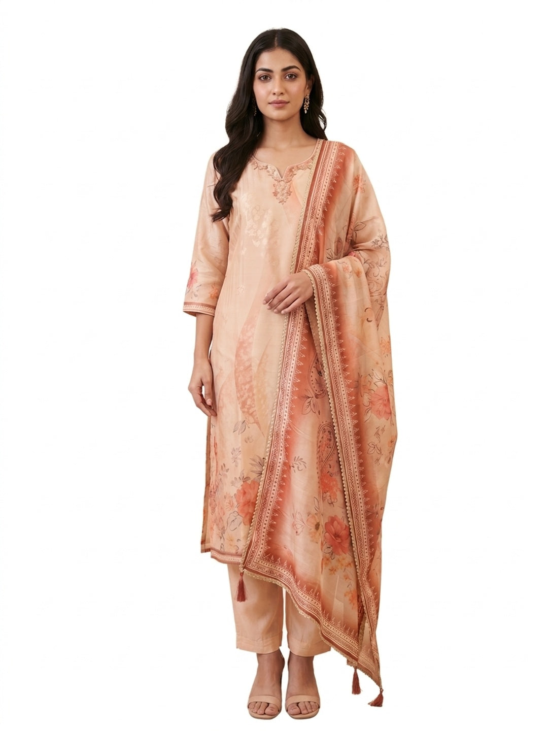 Peach Gucci Silk Floral Printed Salwar Suit Set - Image 4