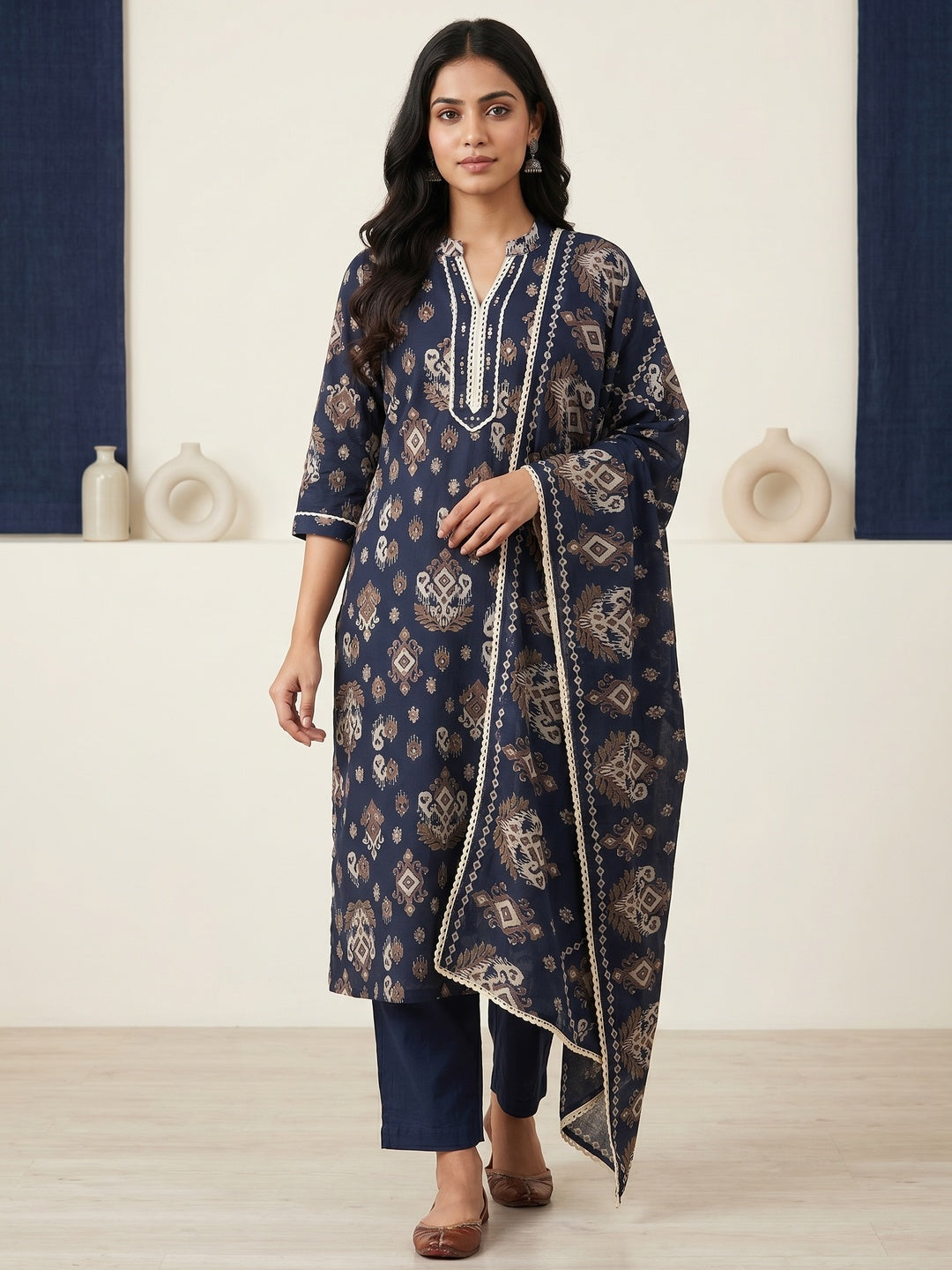 Navy Blue Pure Cotton Ikat Printed Salwar Suit Set - Image 1