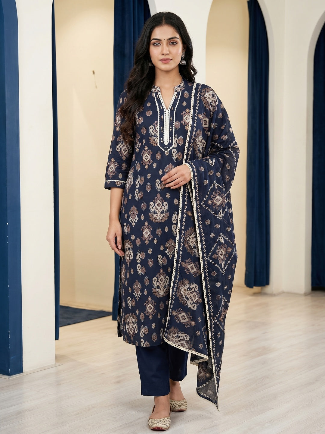 Navy Blue Pure Cotton Ikat Printed Salwar Suit Set - Image 2