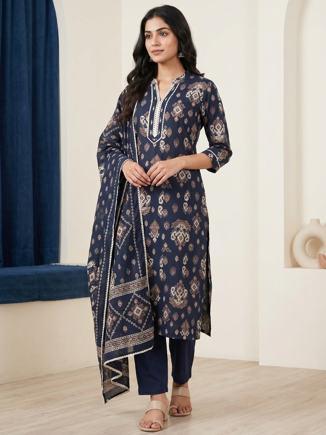 Navy Blue Pure Cotton Ikat Printed Salwar Suit Set - Image 3