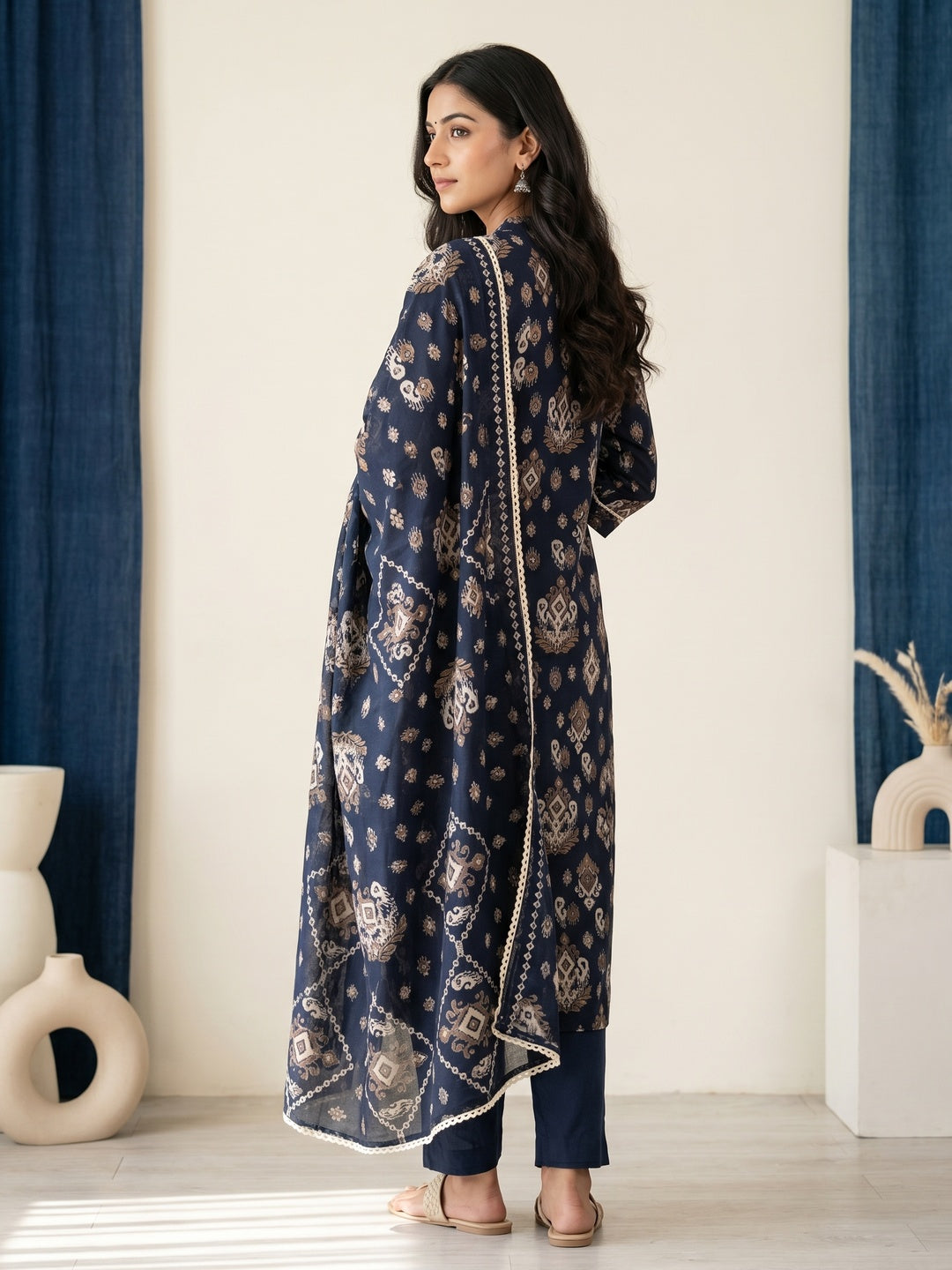 Navy Blue Pure Cotton Ikat Printed Salwar Suit Set - Image 4