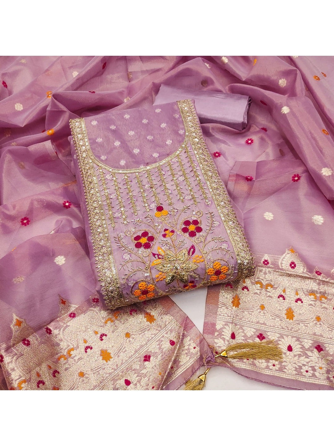 Peachmode Lavender Jacquard Dress Material with Ethnic Motifs - Image 4