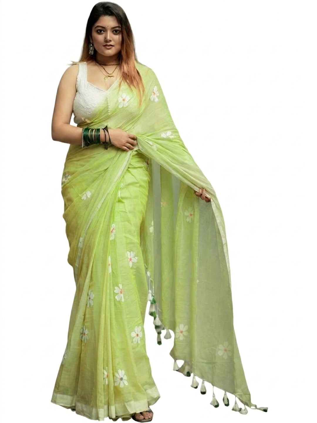 Peachmode Green Linen Cotton Floral Print Saree - Image 7