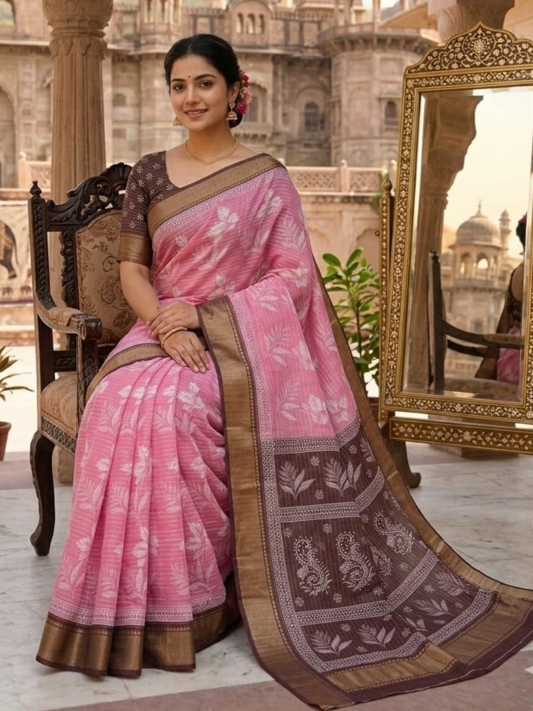 Peachmode Pink Dola Silk Zari Border Saree - Image 5