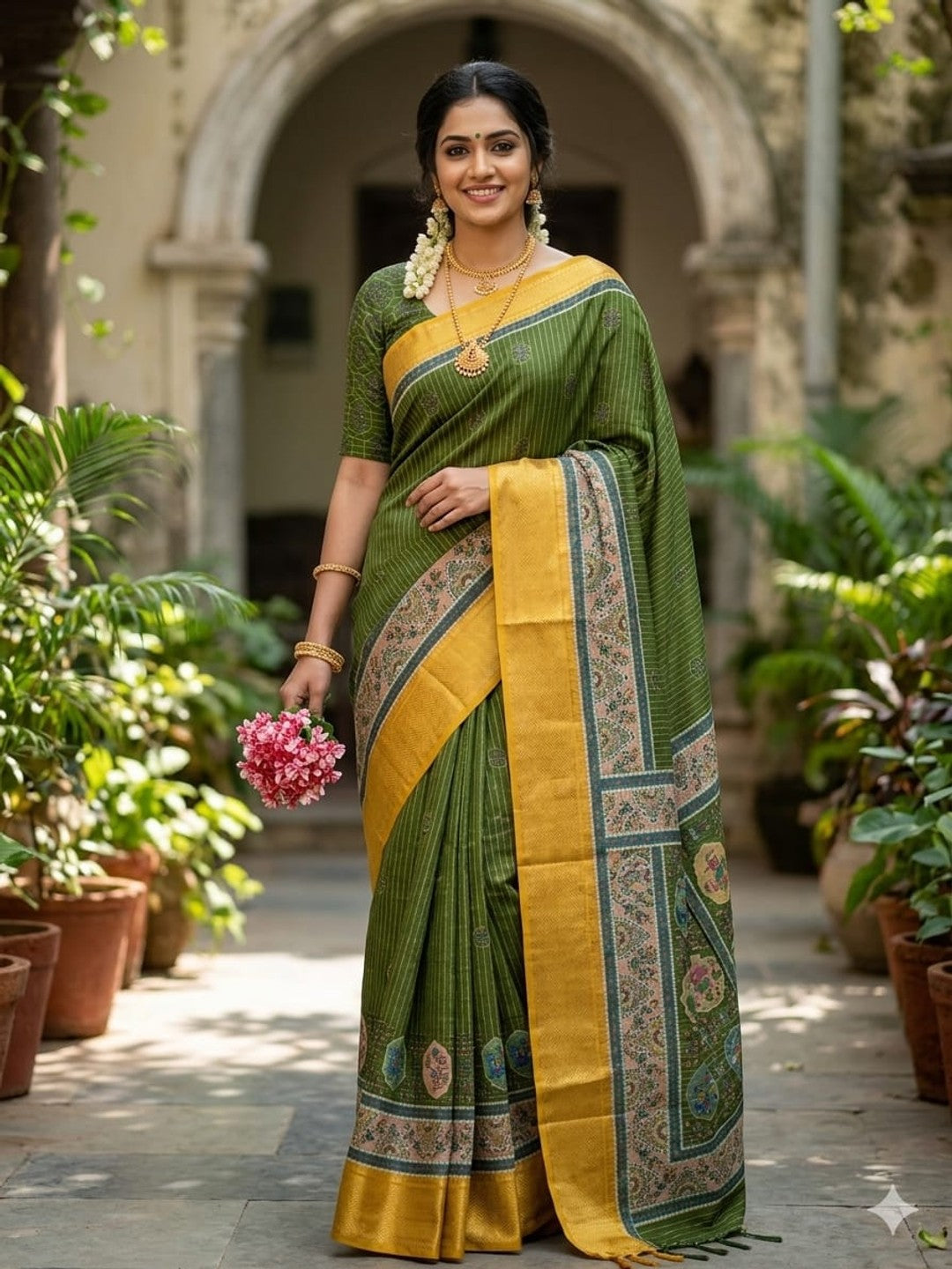 Peachmode Green Yellow Dola Silk Zari Border Saree - Image 1