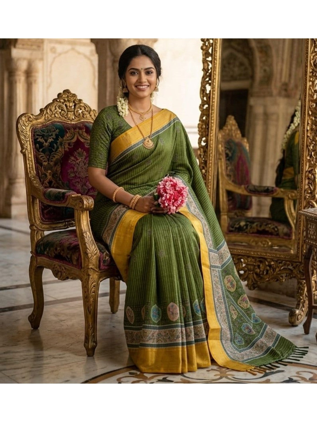 Peachmode Green Yellow Dola Silk Zari Border Saree - Image 3