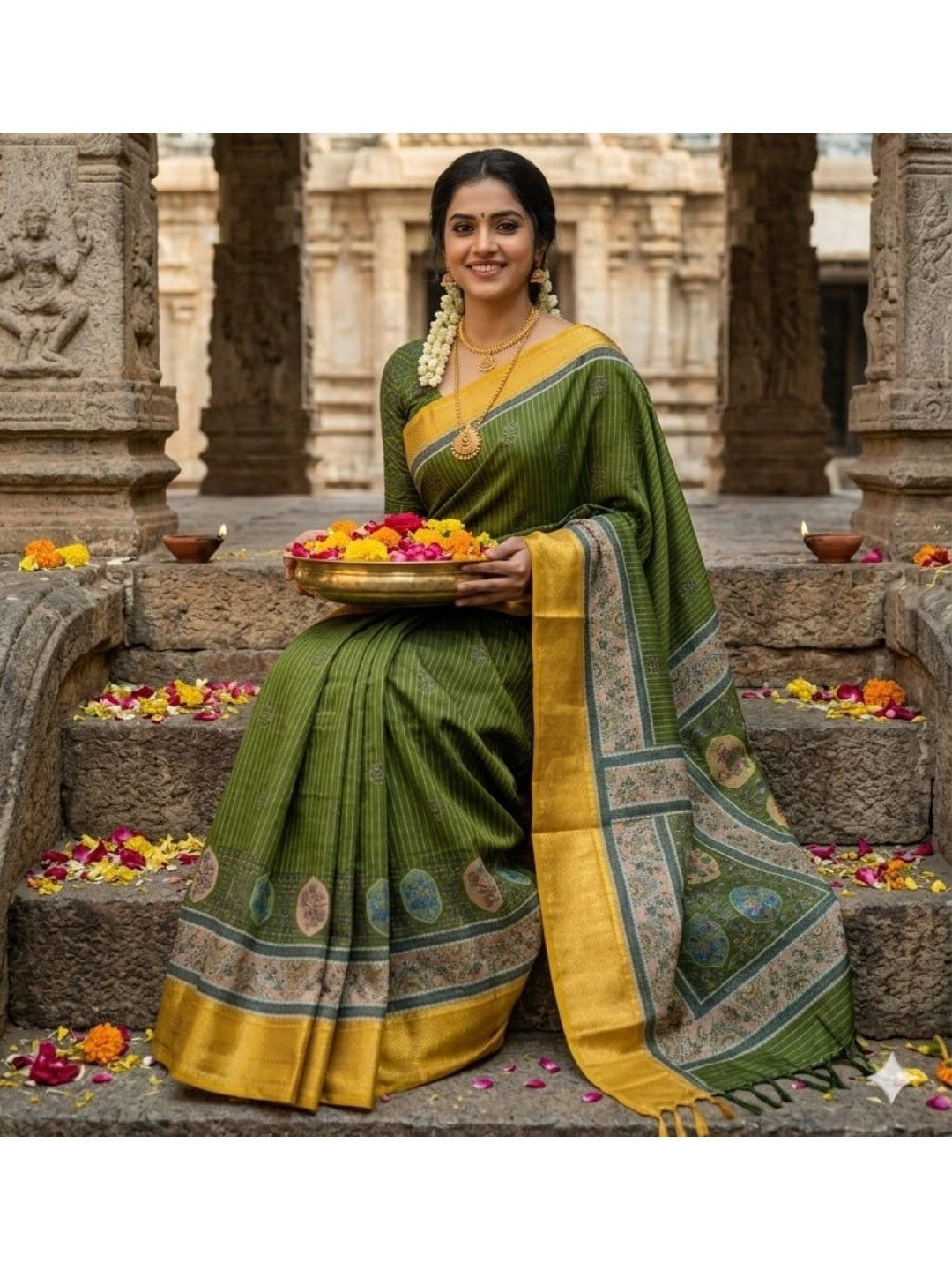 Peachmode Green Yellow Dola Silk Zari Border Saree - Image 4