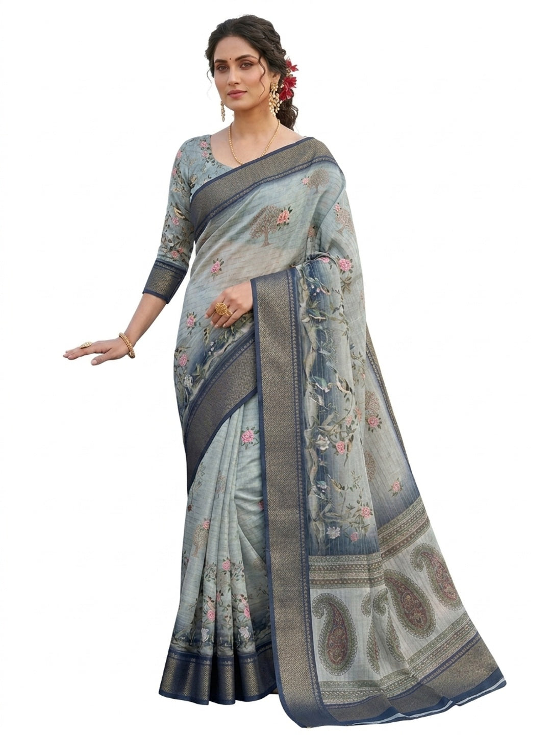 Peachmode Grey Dola Silk Zari Border Saree - Image 5