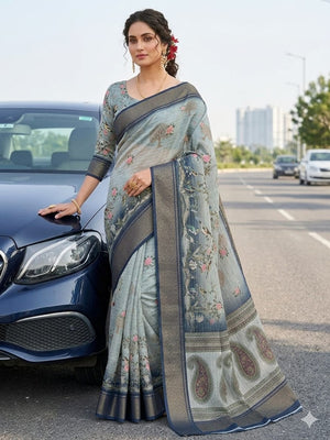 Peachmode Grey Dola Silk Zari Border Saree - Image 1