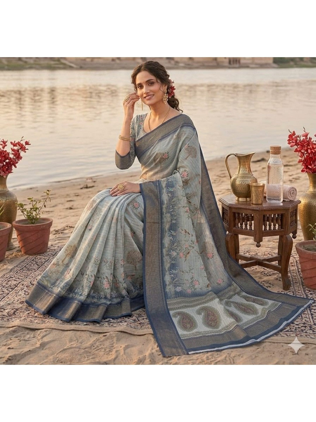 Peachmode Grey Dola Silk Zari Border Saree - Image 3