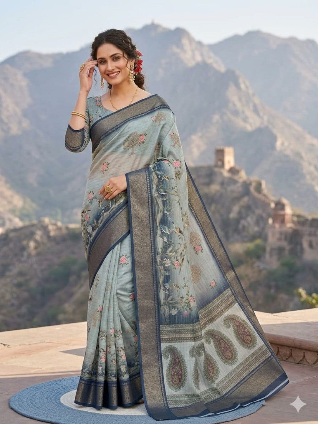 Peachmode Grey Dola Silk Zari Border Saree - Image 4