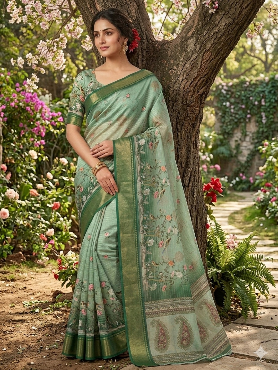 Peachmode Sage Green Dola Silk Zari Border Saree - Image 1