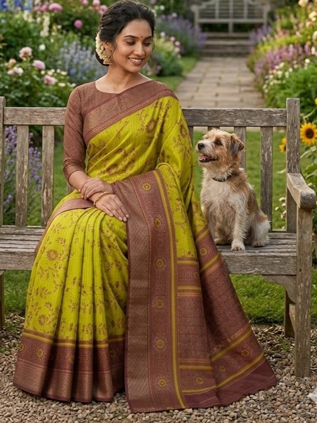 Peachmode Mustard Brown Dola Silk Zari Border Saree - Image 1
