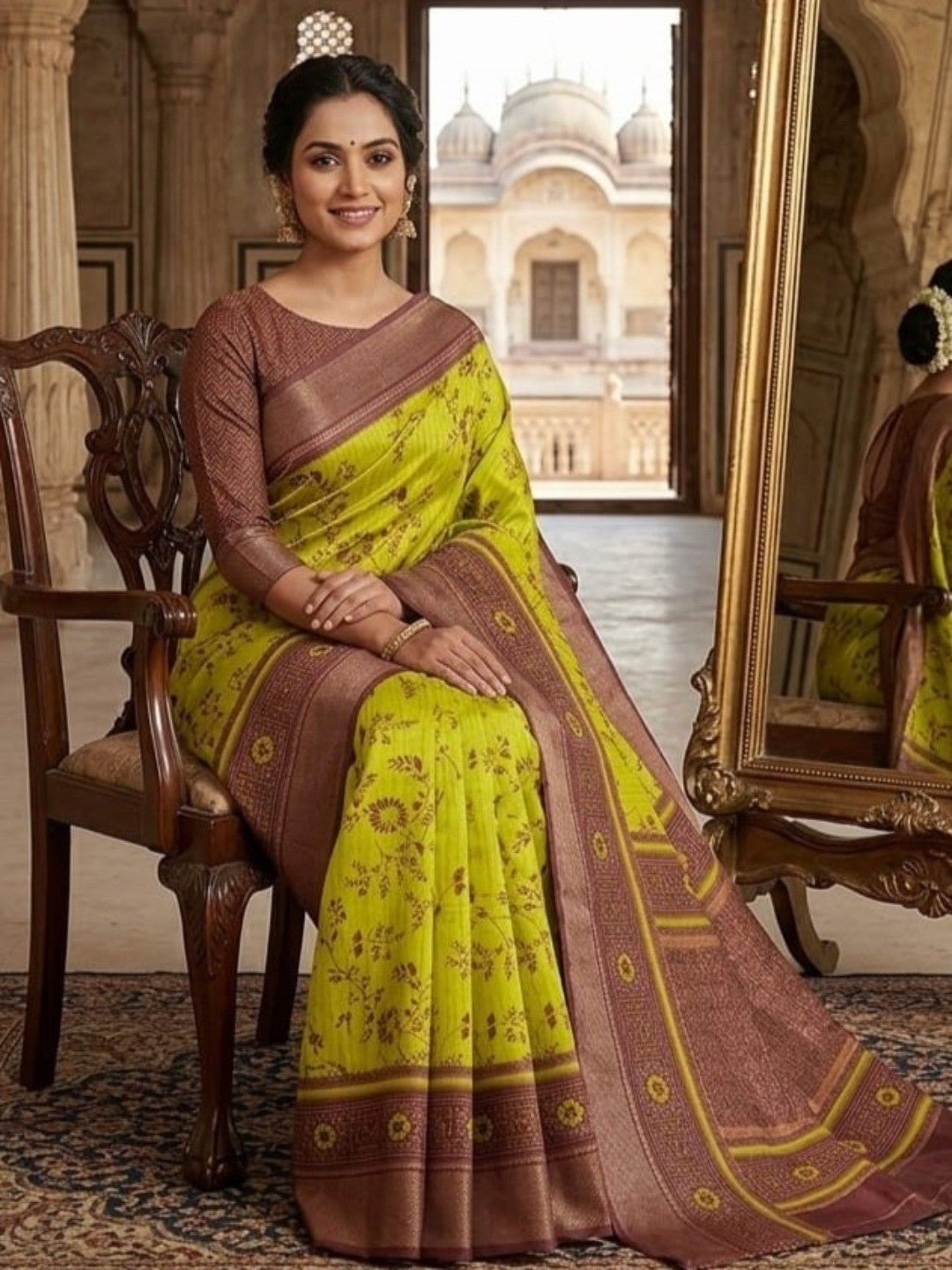 Peachmode Mustard Brown Dola Silk Zari Border Saree - Image 4
