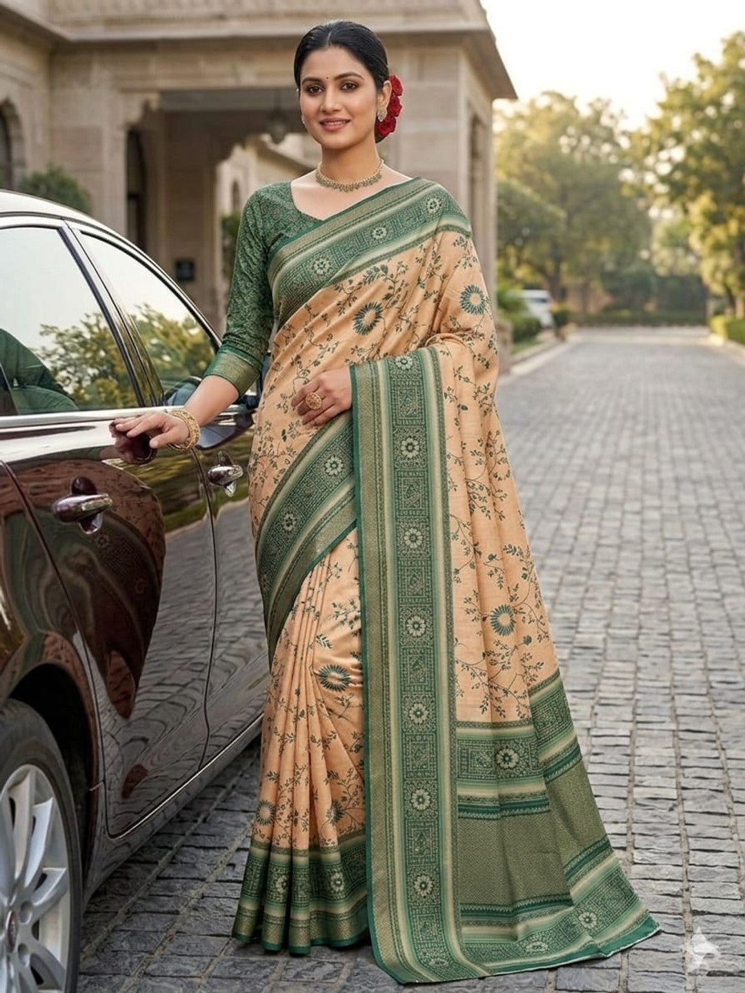 Peachmode Beige & Green Dola Silk Zari Border Saree - Image 1