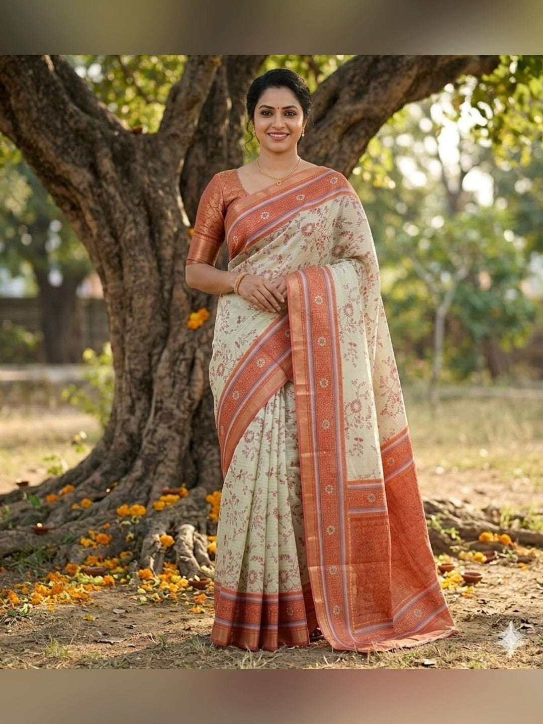 Peachmode Cream & Peach Dola Silk Zari Border Saree - Image 1