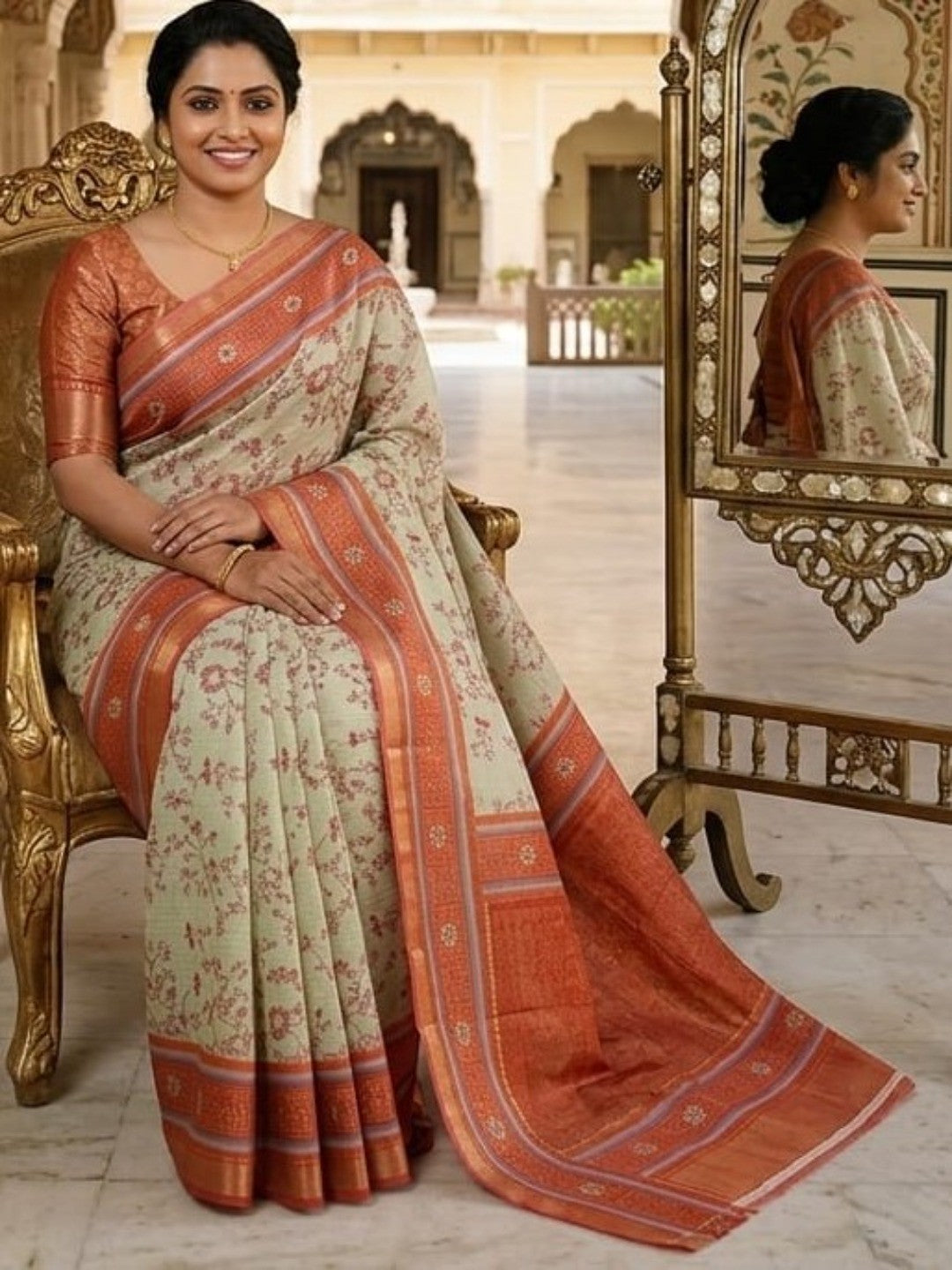 Peachmode Cream & Peach Dola Silk Zari Border Saree - Image 5