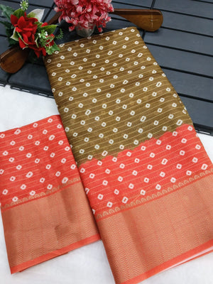 Peachmode Olive Orange Dola Silk Zari Border Saree - Image 2