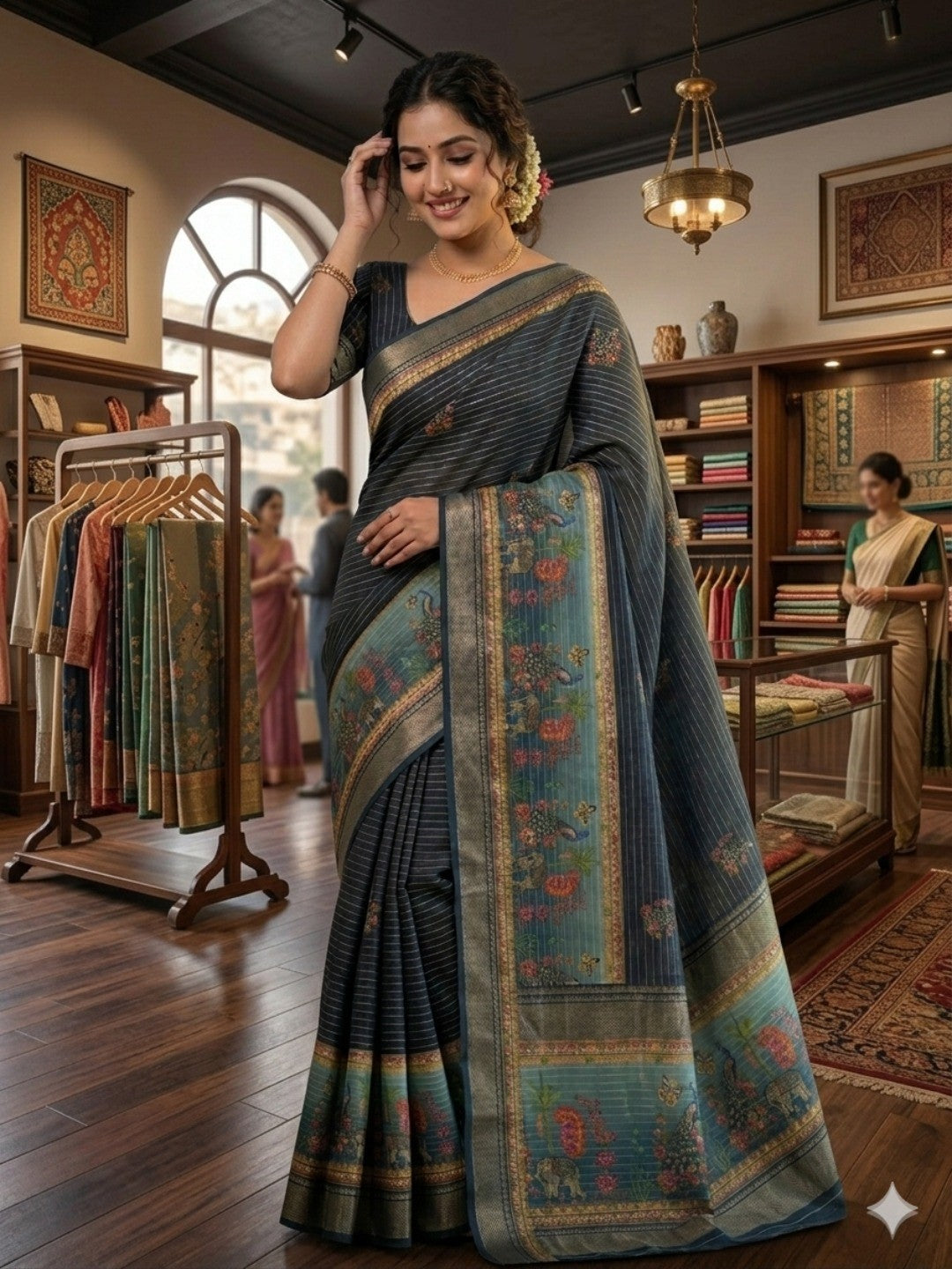 Peachmode Black Grey Dola Silk Zari Border Saree - Image 1