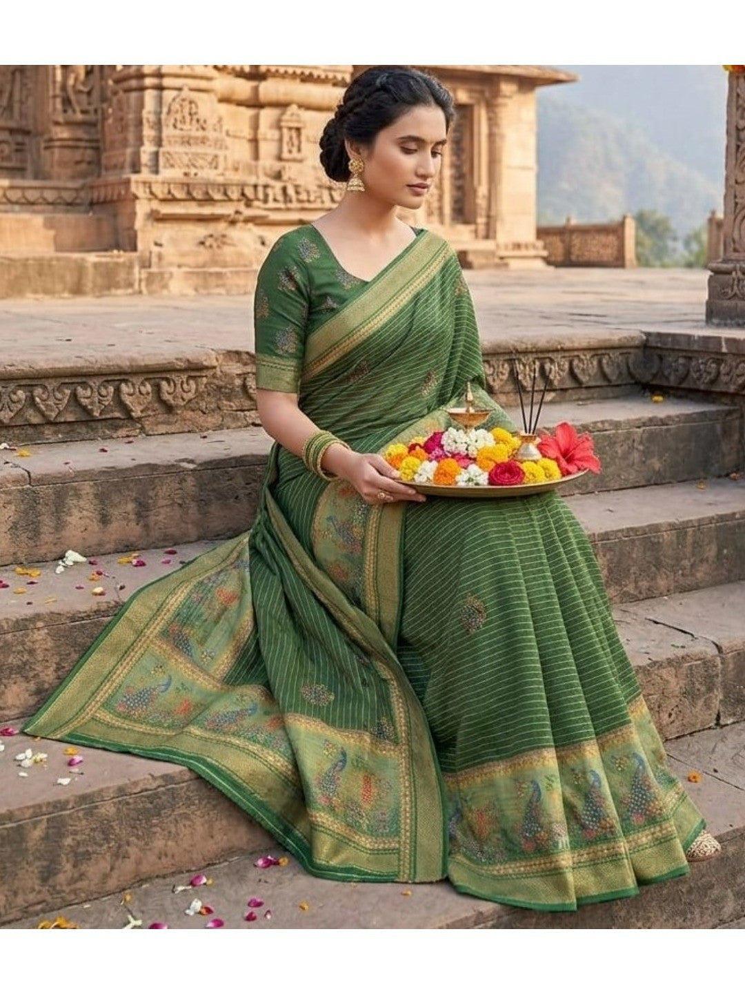 Peachmode Green Dola Silk Zari Border Saree - Image 6