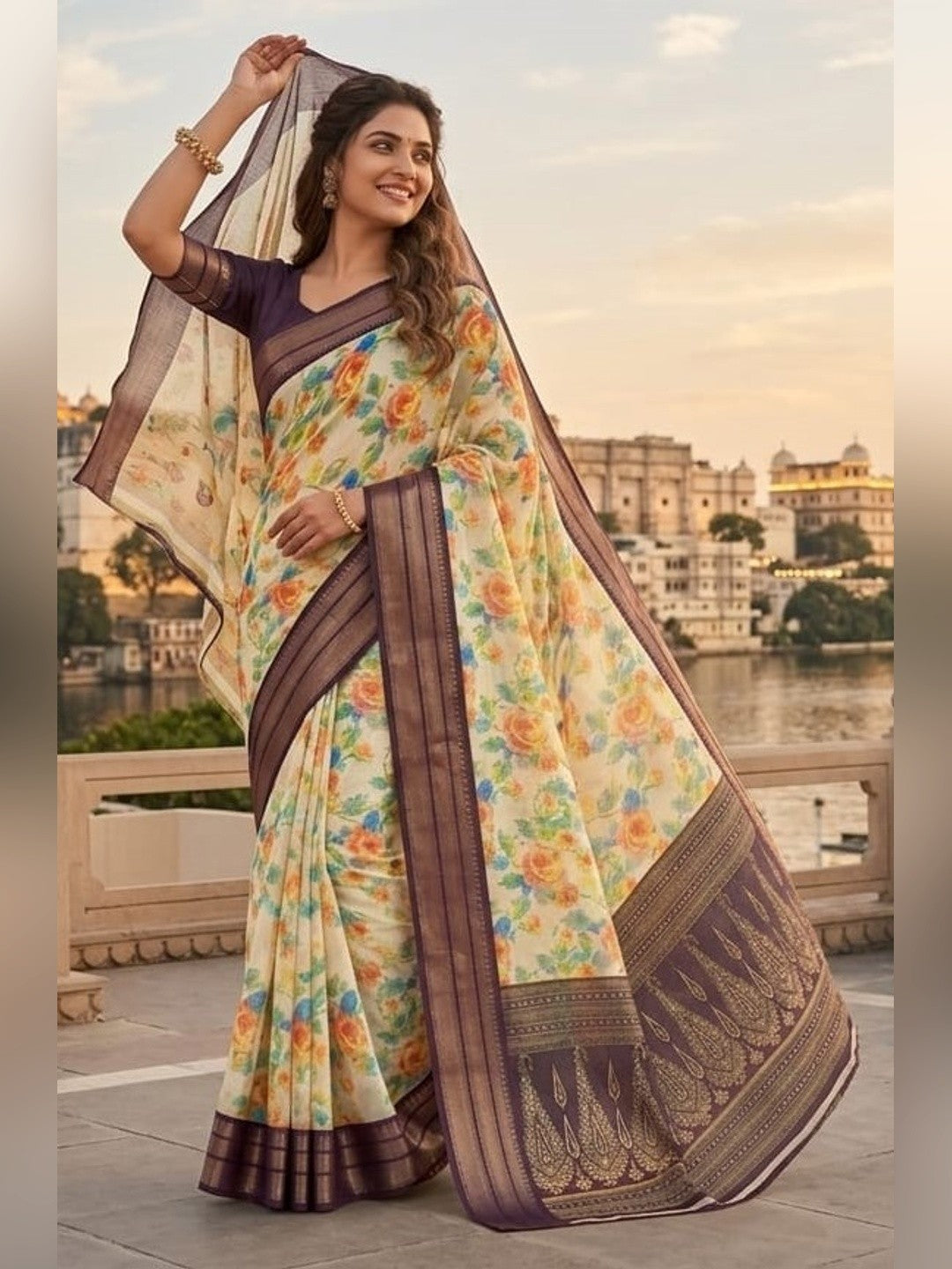 Peachmode Cream Purple Dola Silk Zari Border Saree - Image 1