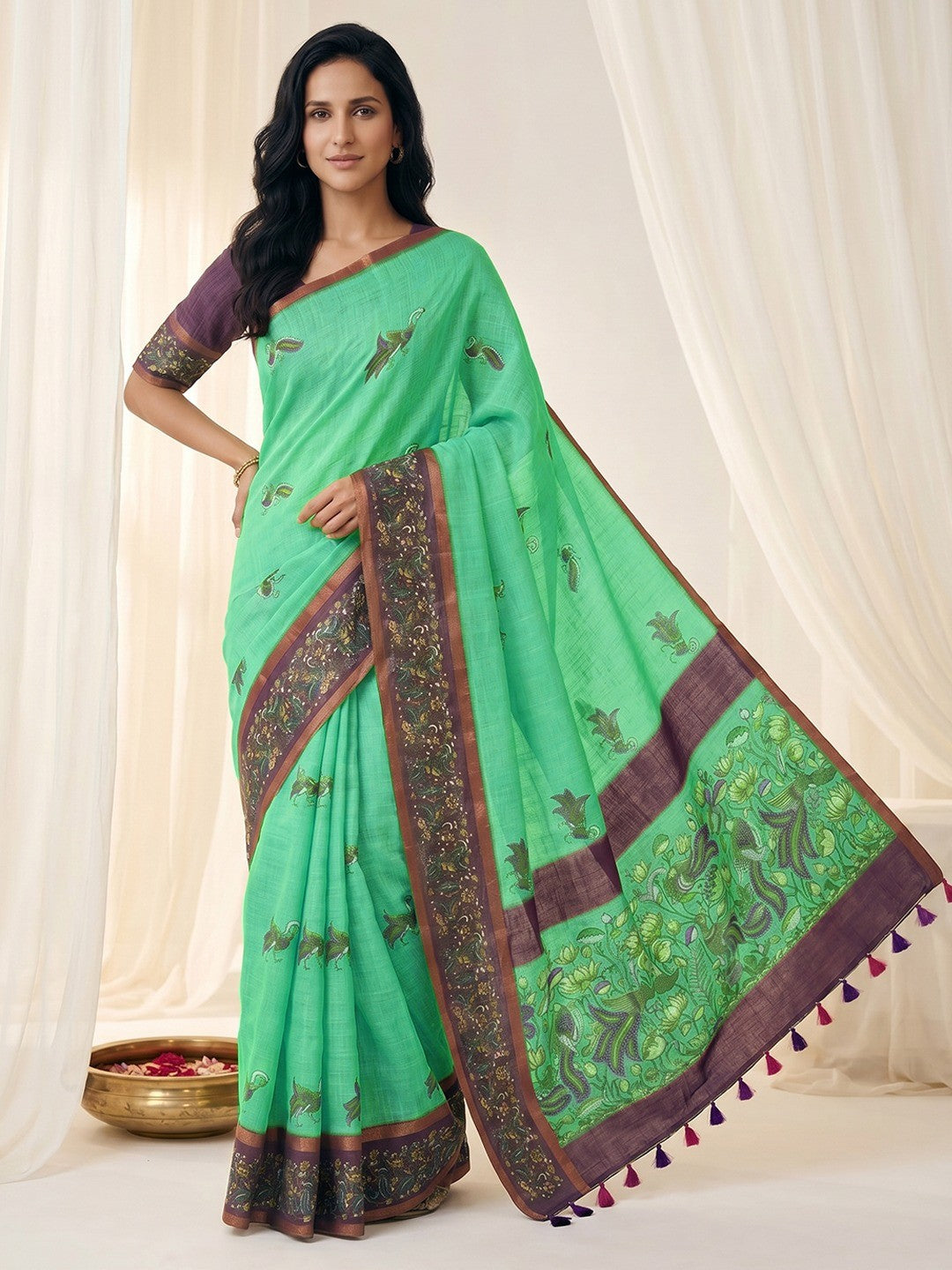 Peachmode Green Linen Cotton Zari Bentex Border Saree - Image 1
