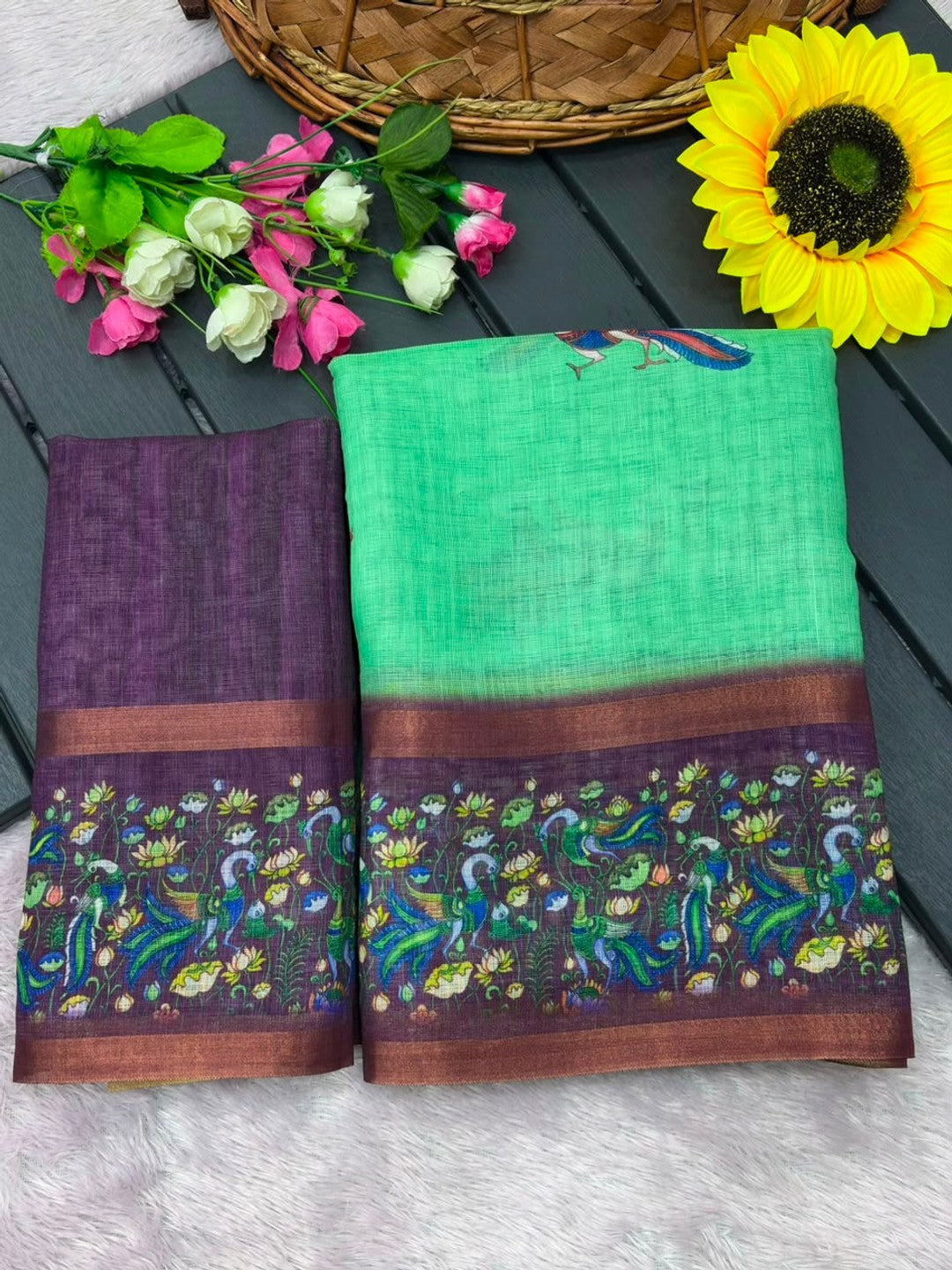 Peachmode Green Linen Cotton Zari Bentex Border Saree - Image 5