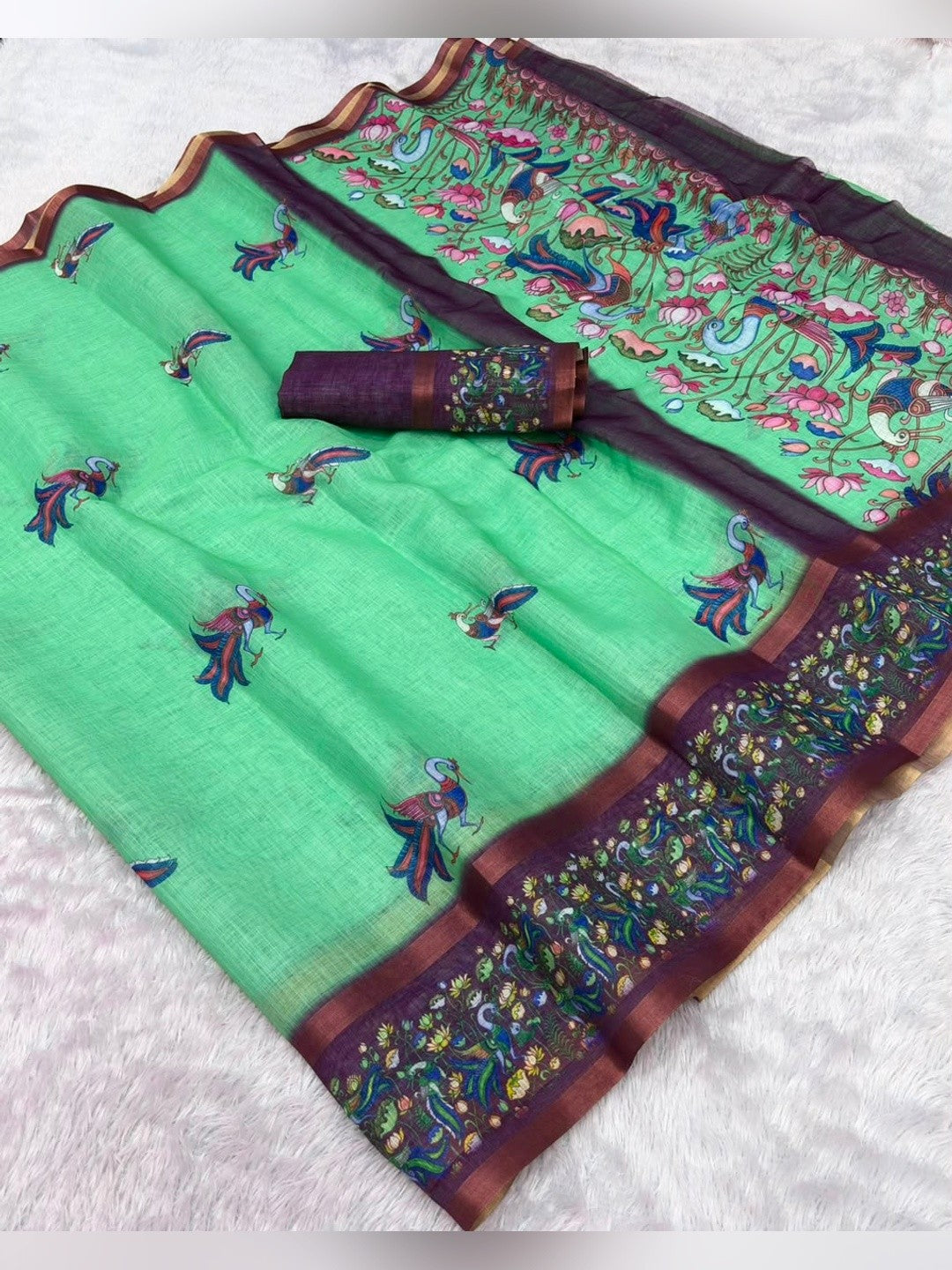 Peachmode Green Linen Cotton Zari Bentex Border Saree - Image 6