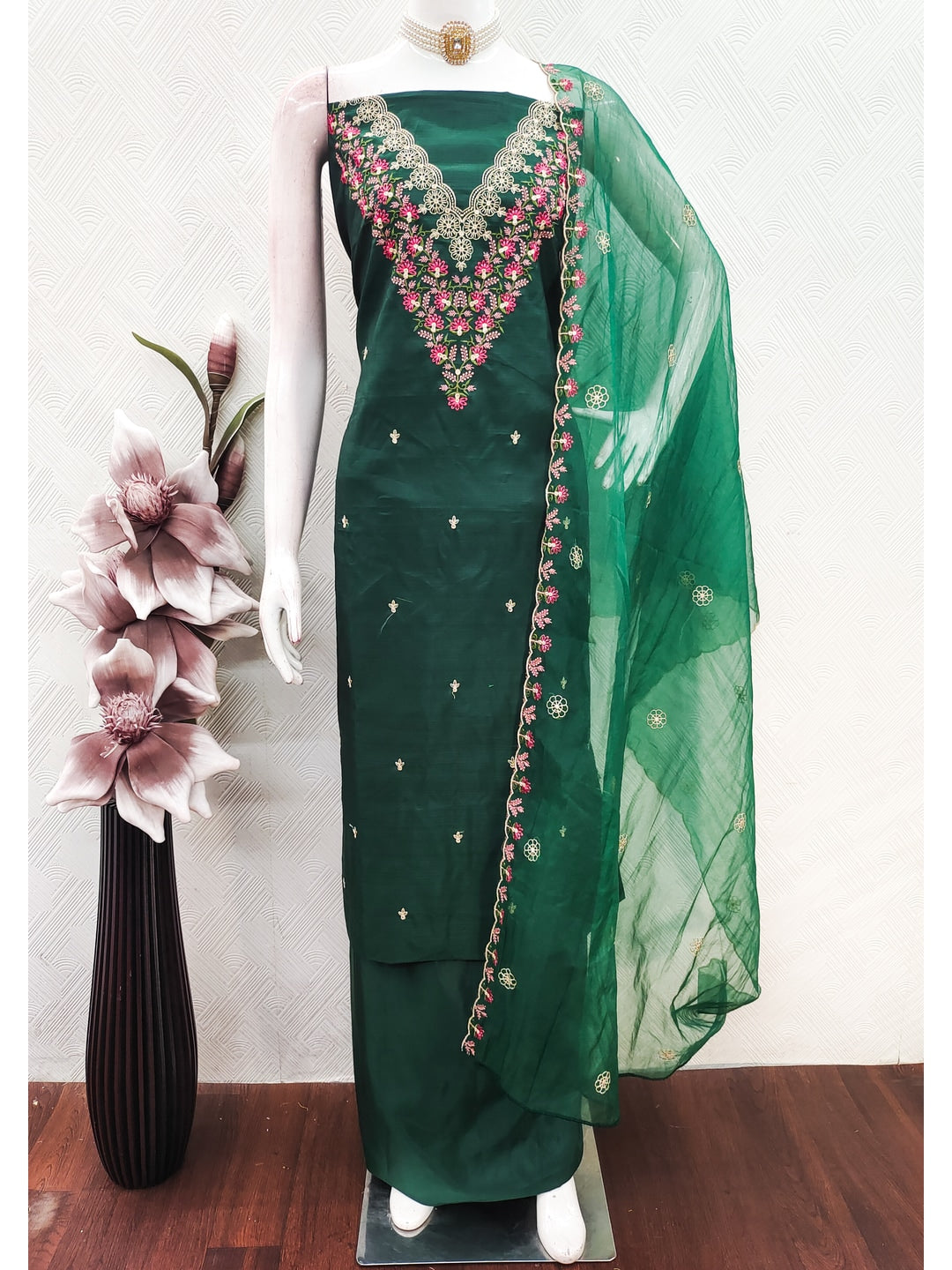 Peachmode Green Art Silk Dress Material with Floral Embroidery - Image 3