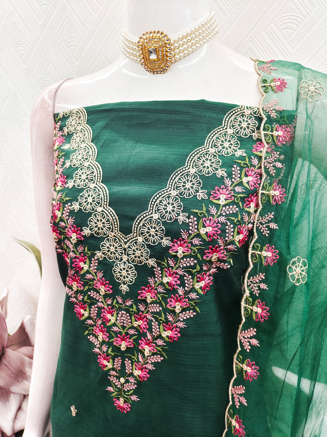 Peachmode Green Art Silk Dress Material with Floral Embroidery - Image 4
