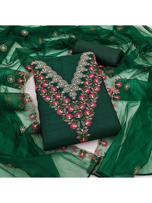Peachmode Green Art Silk Dress Material with Floral Embroidery - Image 1