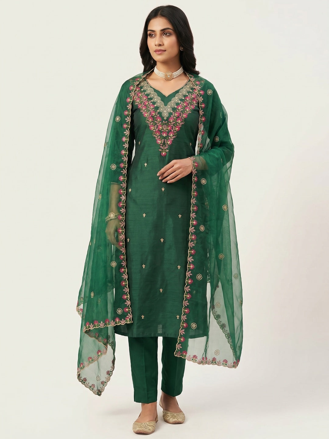 Peachmode Green Art Silk Dress Material with Floral Embroidery - Image 2