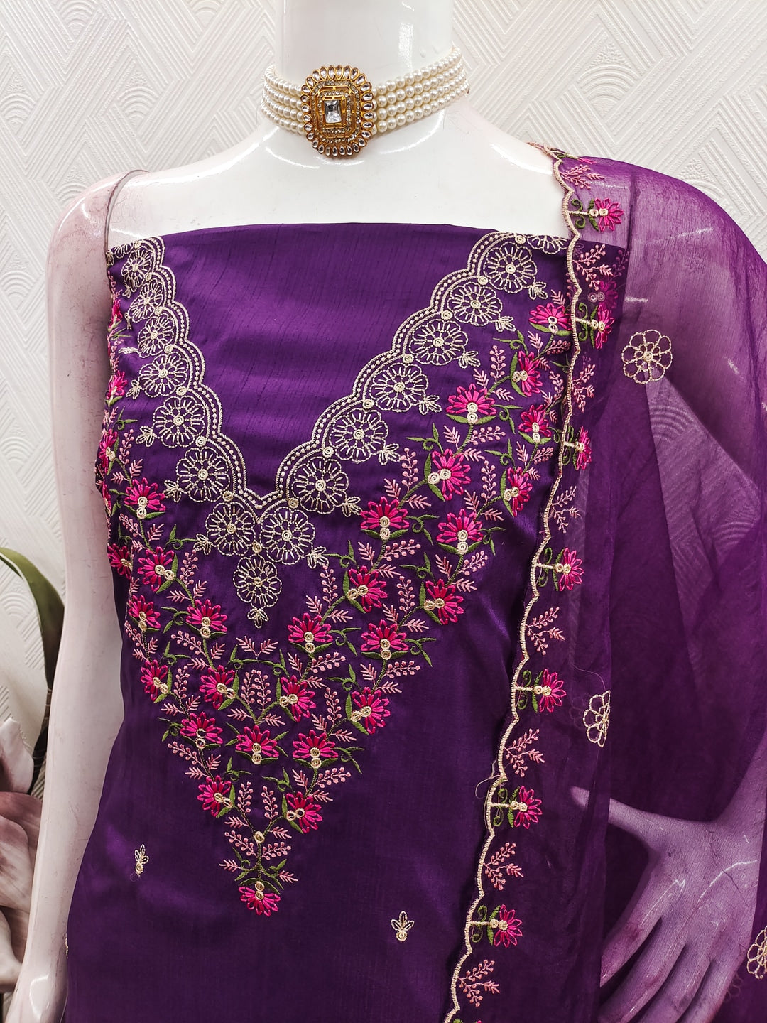 Elegant Purple Art Silk Floral Embroidered Dress Material Set - Image 4