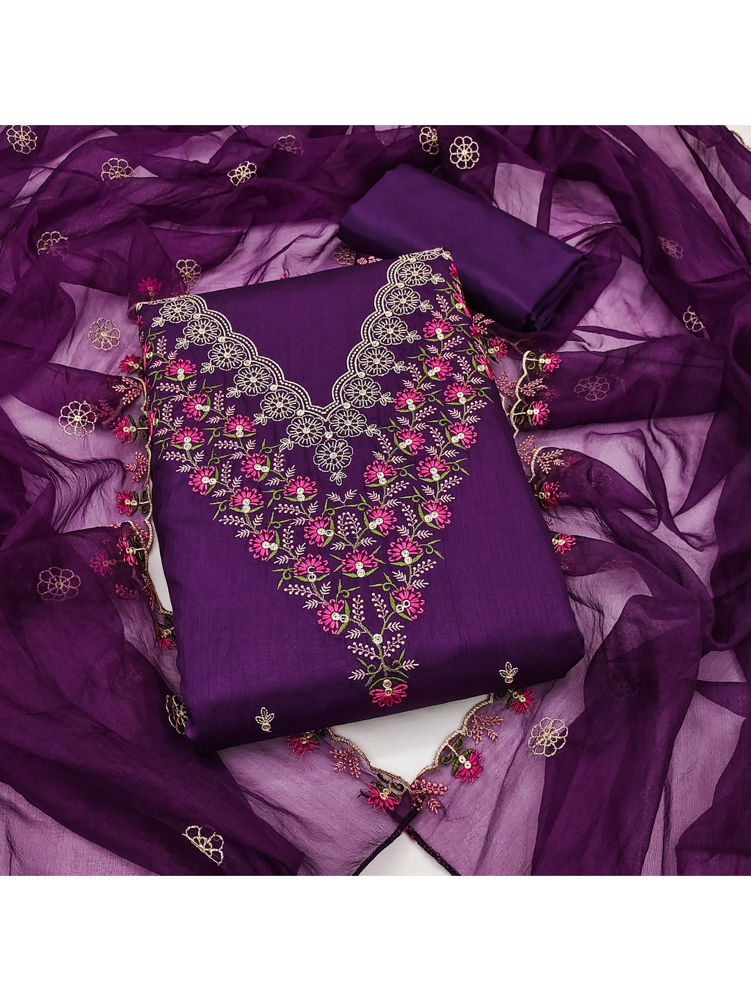 Elegant Purple Art Silk Floral Embroidered Dress Material Set - Image 5