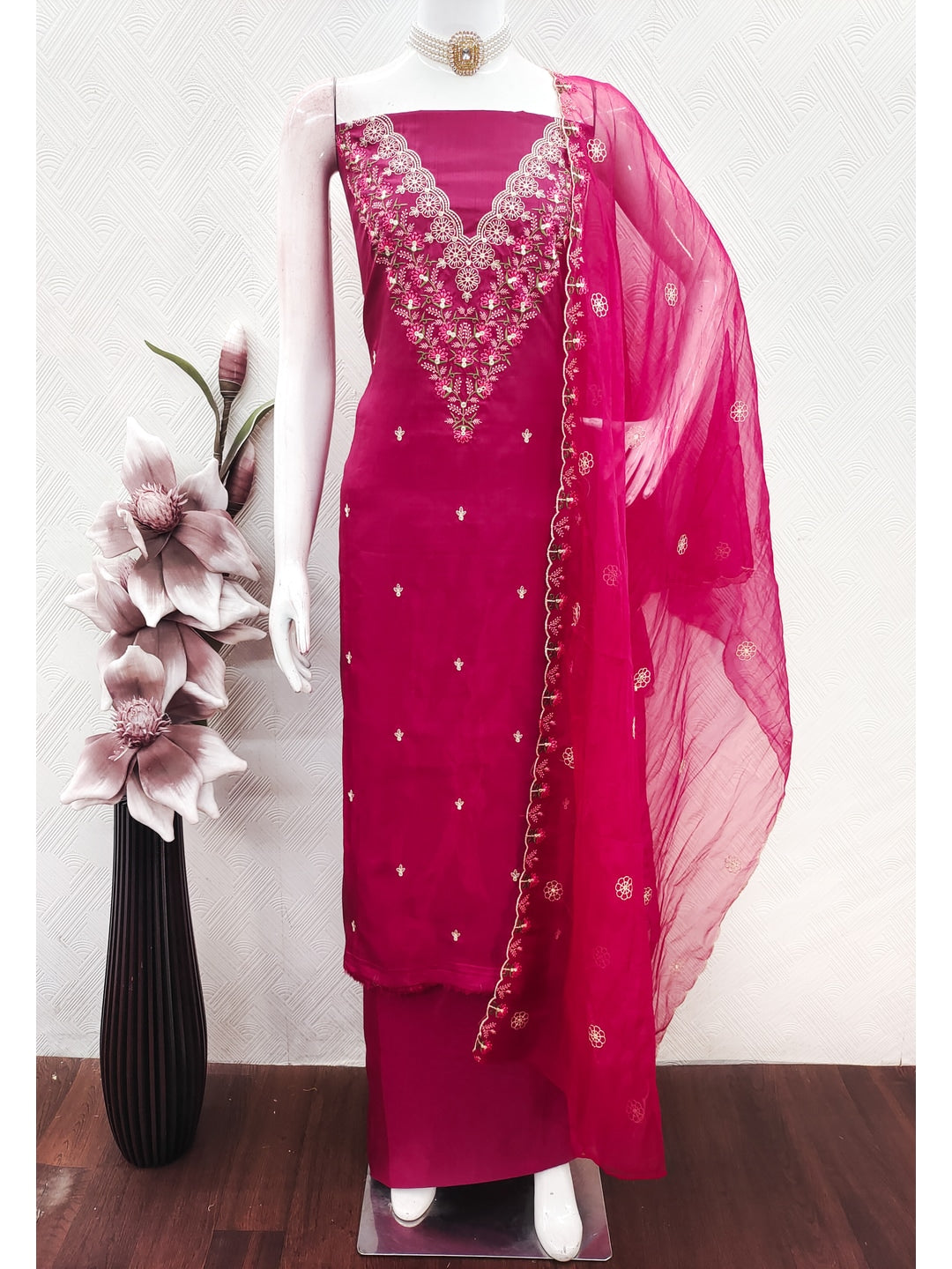 Peachmode Pink Art Silk Dress Material with Floral - Image 3