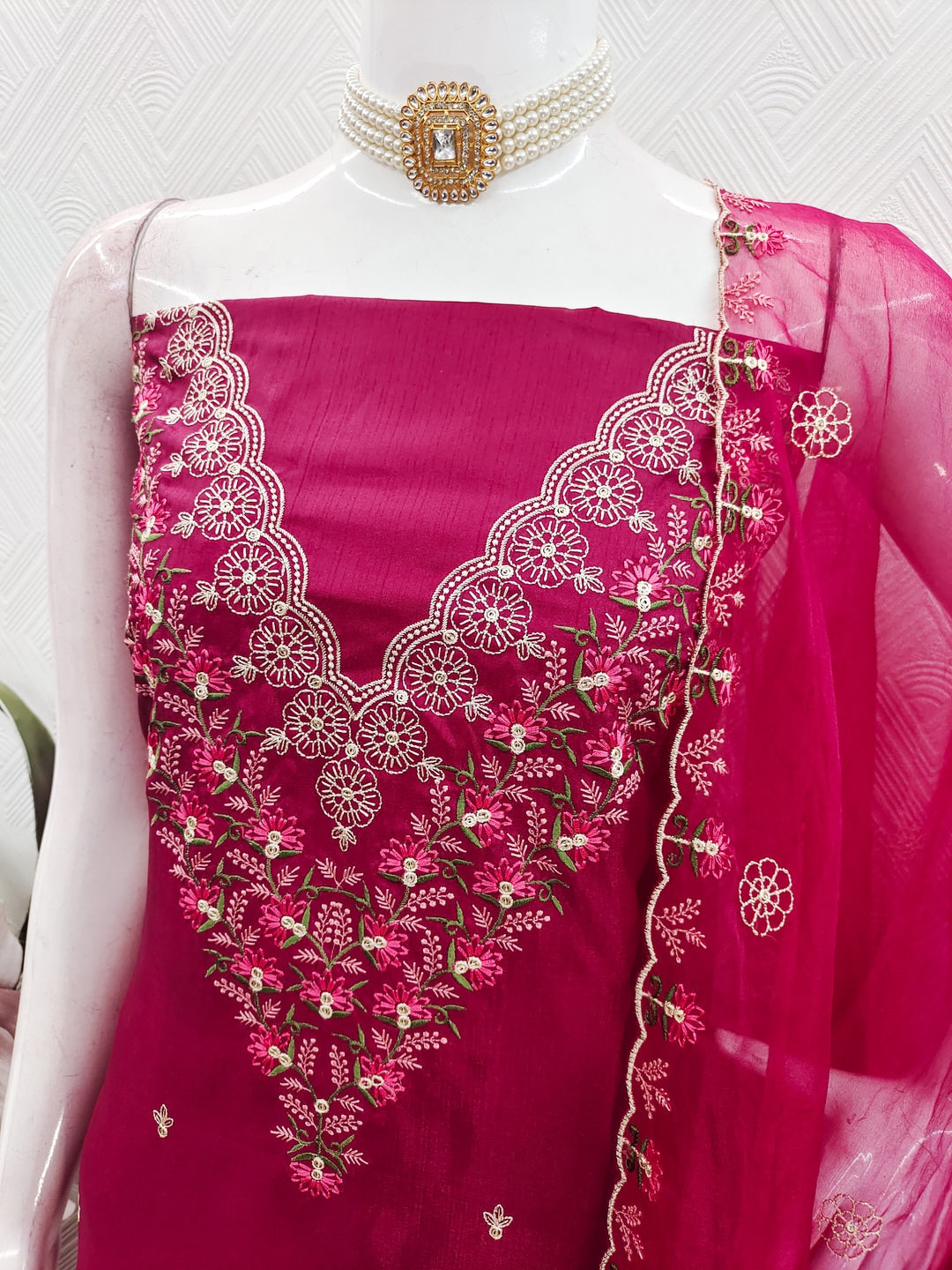 Peachmode Pink Art Silk Dress Material with Floral - Image 4