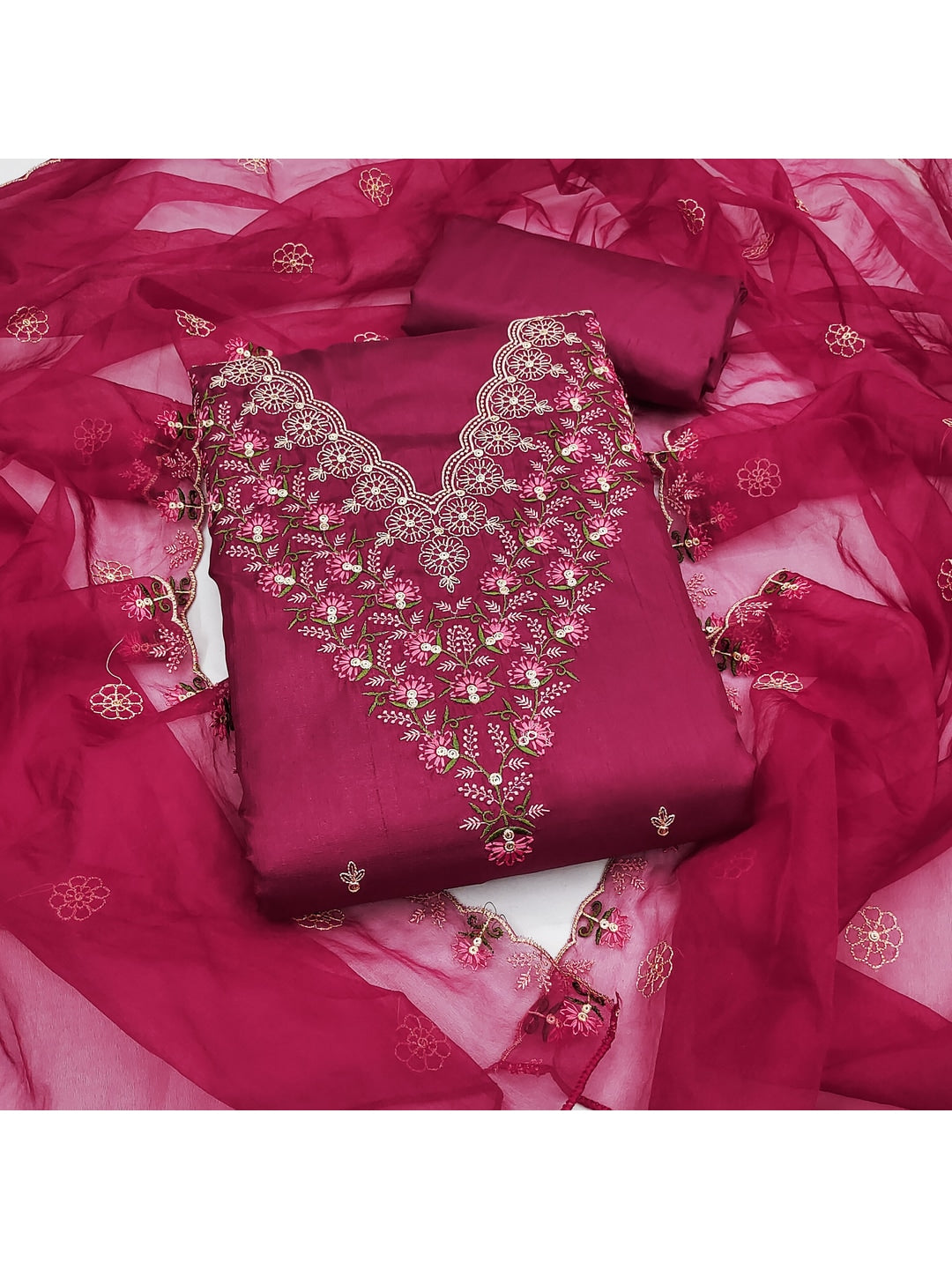 Peachmode Pink Art Silk Dress Material with Floral - Image 1
