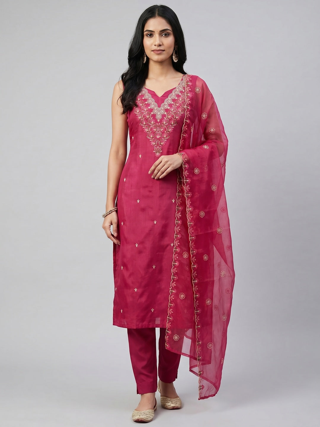 Peachmode Pink Art Silk Dress Material with Floral - Image 2