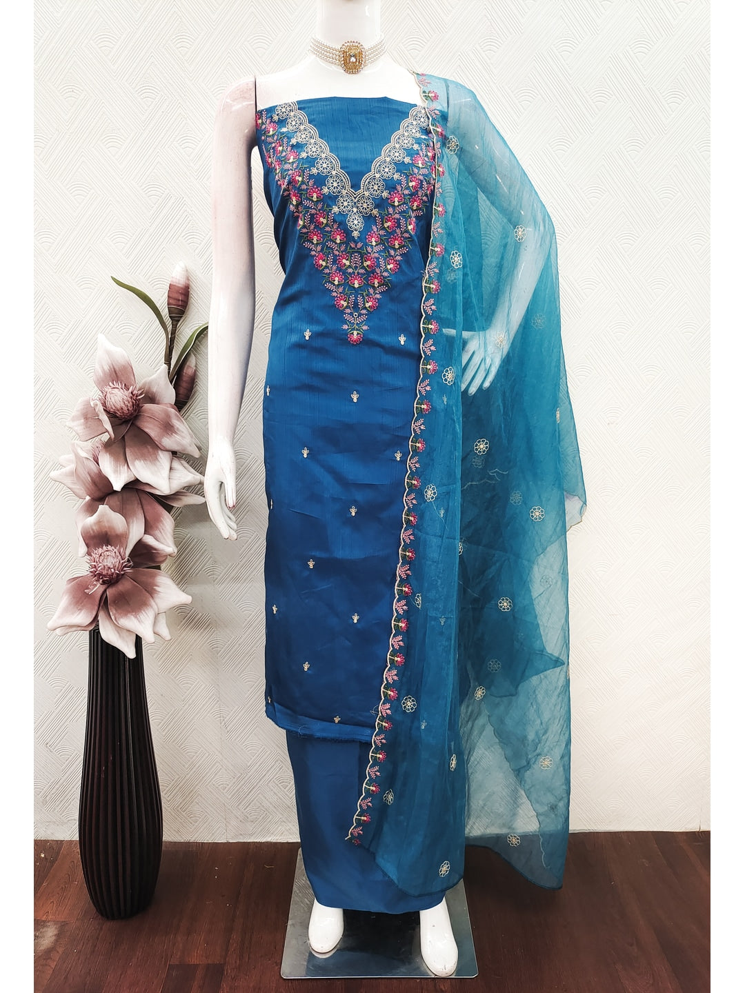 Peachmode Blue Art Silk Dress Material with Floral Embroidery - Image 2