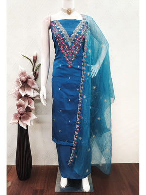 Peachmode Blue Art Silk Dress Material with Floral Embroidery - Image 2