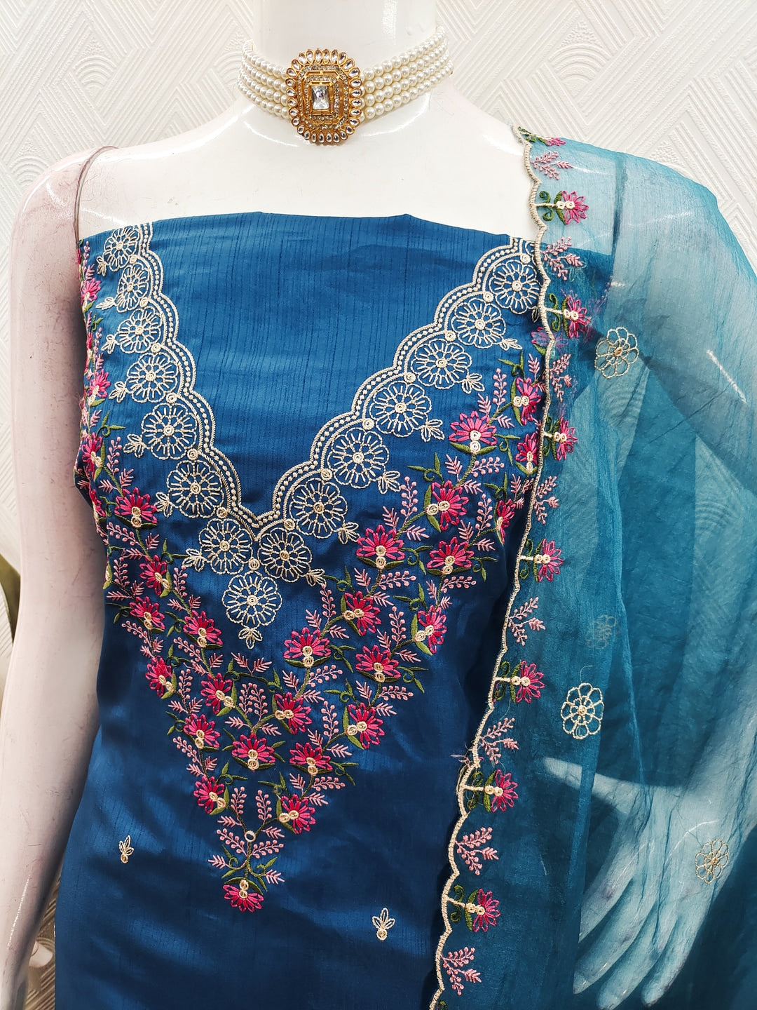 Peachmode Blue Art Silk Dress Material with Floral Embroidery - Image 3