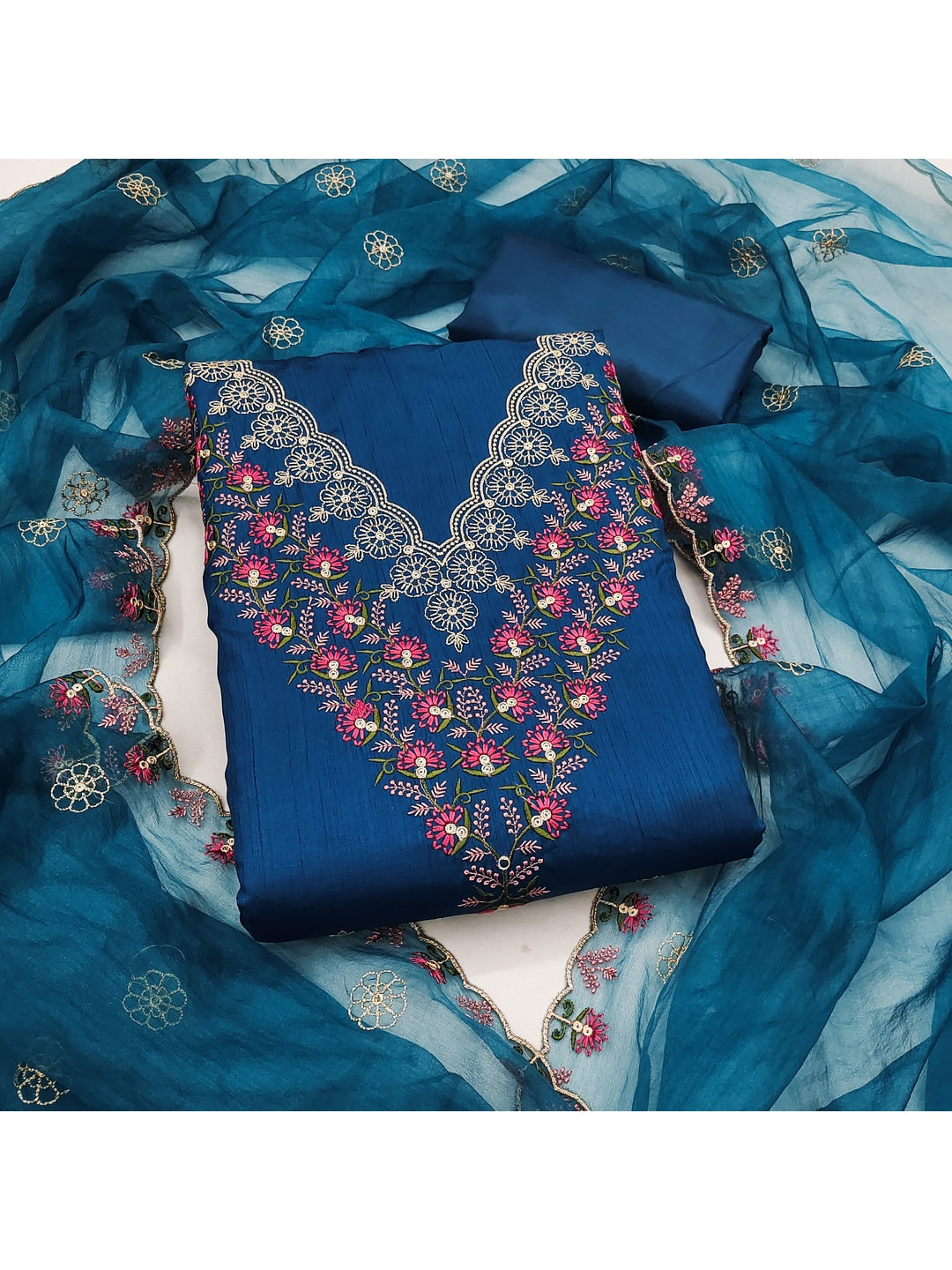 Peachmode Blue Art Silk Dress Material with Floral Embroidery - Image 1