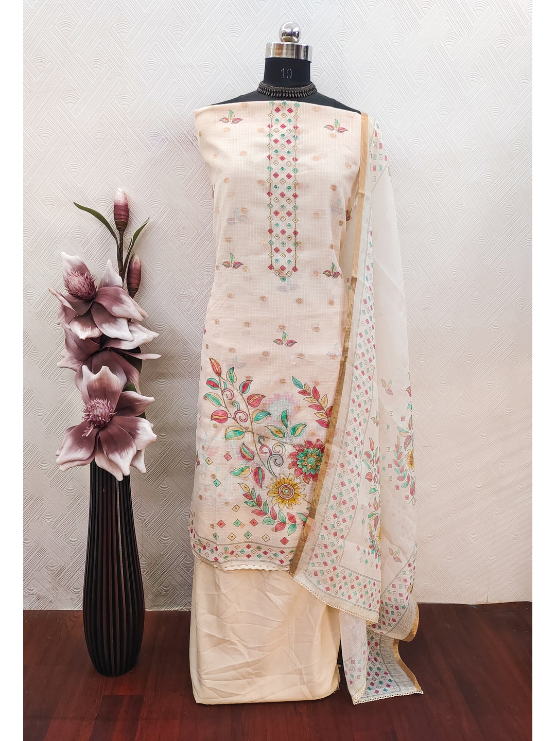 Peachmode Cream Kota Doria Dress Material with Floral Print - Image 2