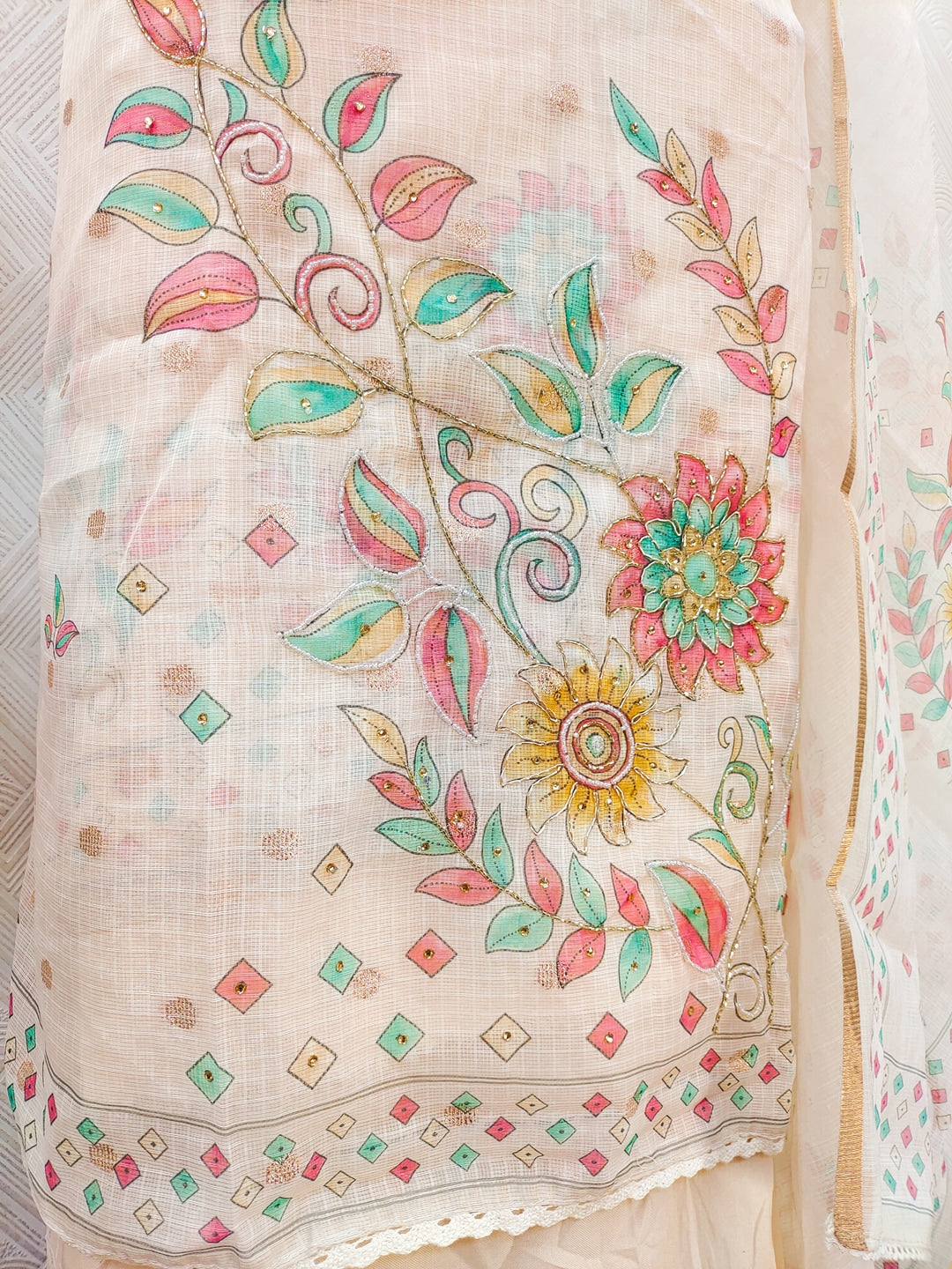Peachmode Cream Kota Doria Dress Material with Floral Print - Image 3