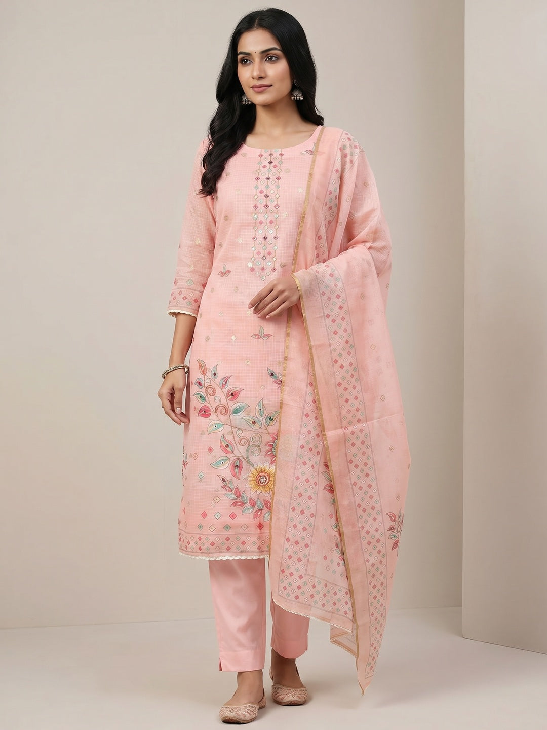 Peachmode Pink Kota Doria Dress Material with Floral - Image 2