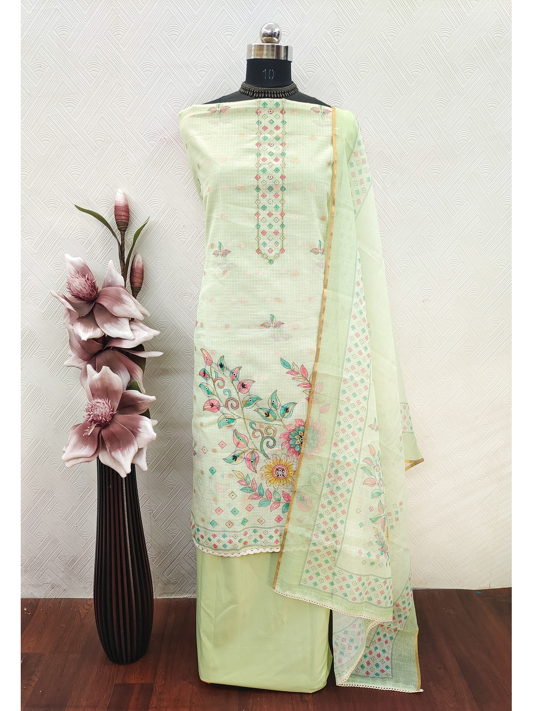Peachmode Green Kota Doria Dress Material with Floral - Image 2