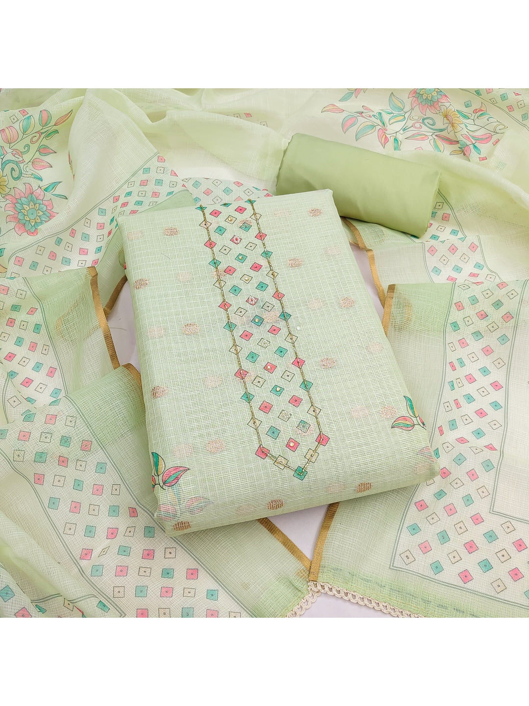 Peachmode Green Kota Doria Dress Material with Floral - Image 4