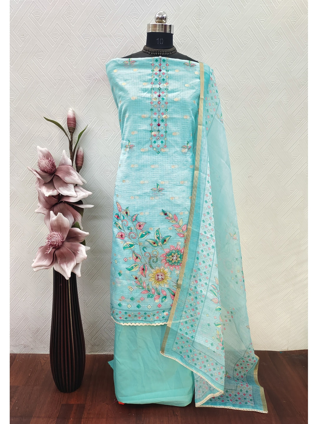 Peachmode Turquoise Kota Doria Dress Material with Floral Print - Image 2