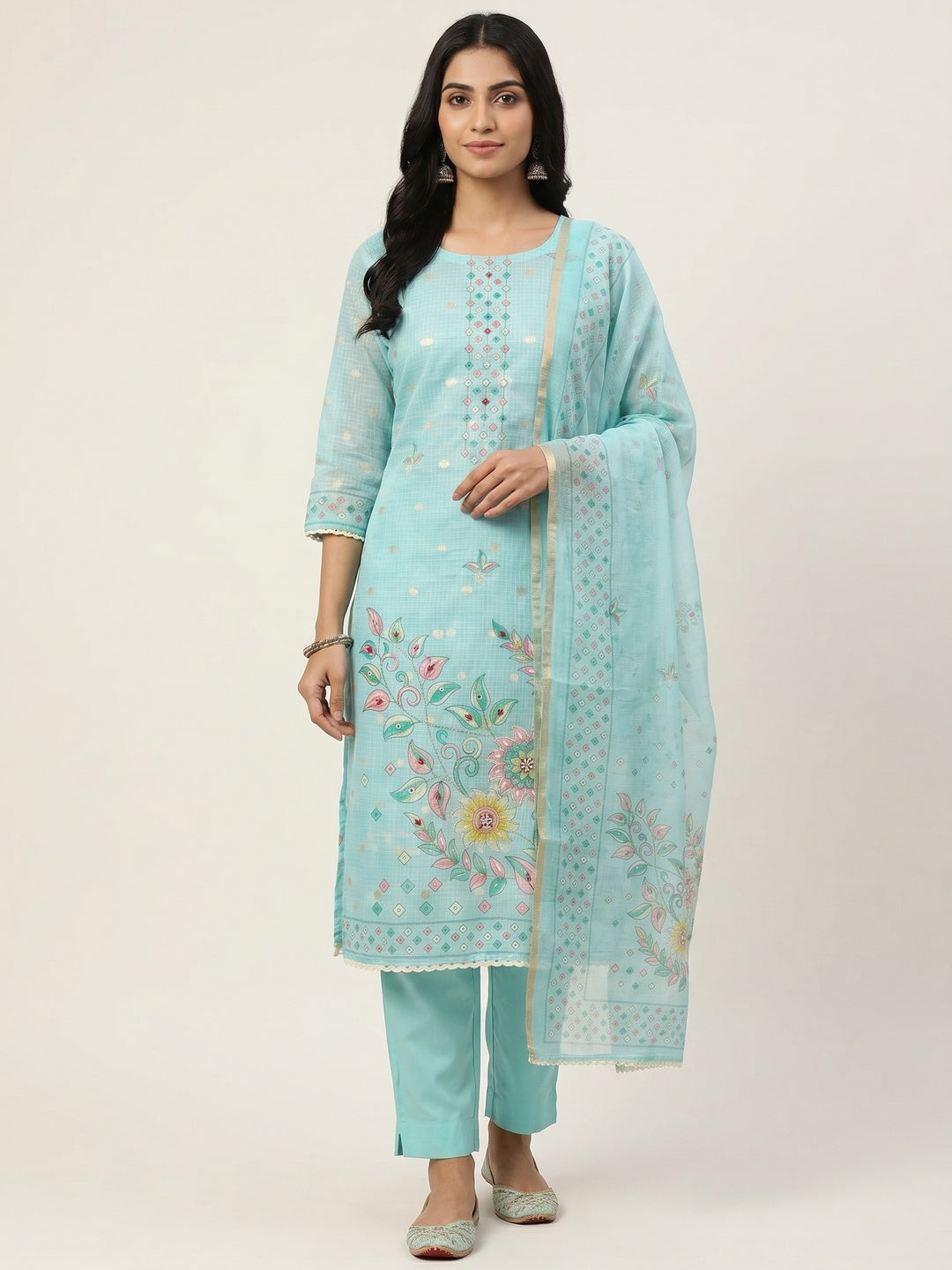 Peachmode Turquoise Kota Doria Dress Material with Floral Print - Image 2