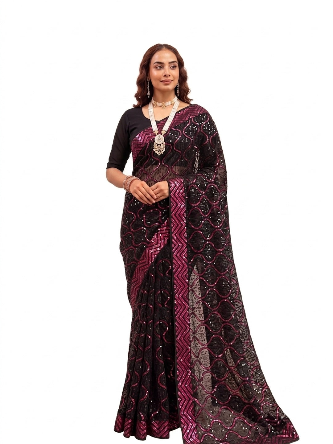 Peachmode Black & Magenta Georgette Saree with Sequins Embroidery - Image 7